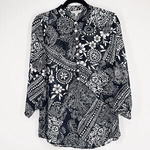 TravelSmith Boho Floral Black White Button Front Sheer Blouse Medium